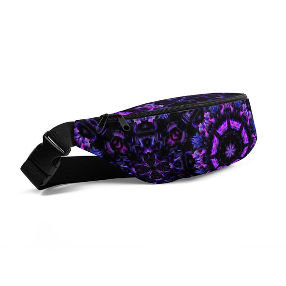 Product Photograph of a Bleace MetaParty Vibes Kaleidoscopic purple, blue, and pink, Trippy Visual fanny pack in the foreground with a white background.