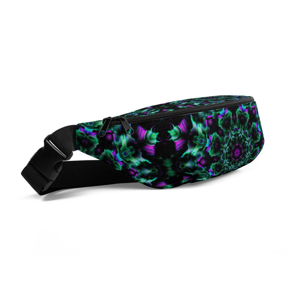 Product Photograph of a Bleace MetaParty Vibes Kaleidoscopic green and pink fanny pack in the foreground with a white background.