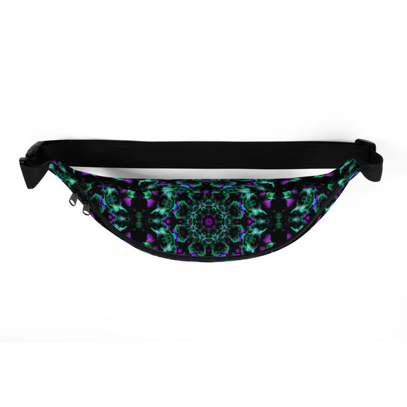 Product Photograph of a Bleace MetaParty Vibes Kaleidoscopic green and pink fanny pack in the foreground with a white background.