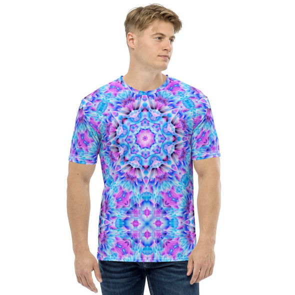 Photograph of a model wearing a Bleace unisex MetaParty Vibes Kaleidoscopic pink, light blue, Trippy Visual tee shirt.  