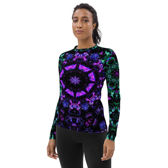 Product Photograph of a unisex Bleace MetaParty Vibes Kaleidoscopic purple, blue, pink, and green Trippy Visual rash guard in the foreground with a white background.